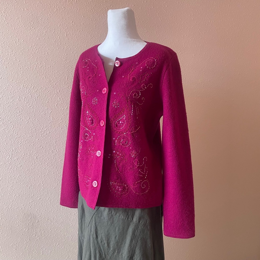 Vintage 90s / 2000s‎ Fuschia Pink Wool Beaded Cardigan